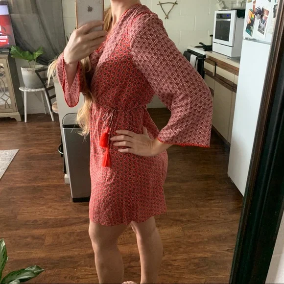 Boden Red Floral Print Tunic Dress Tassel Pom Pom - Picture 6 of 13